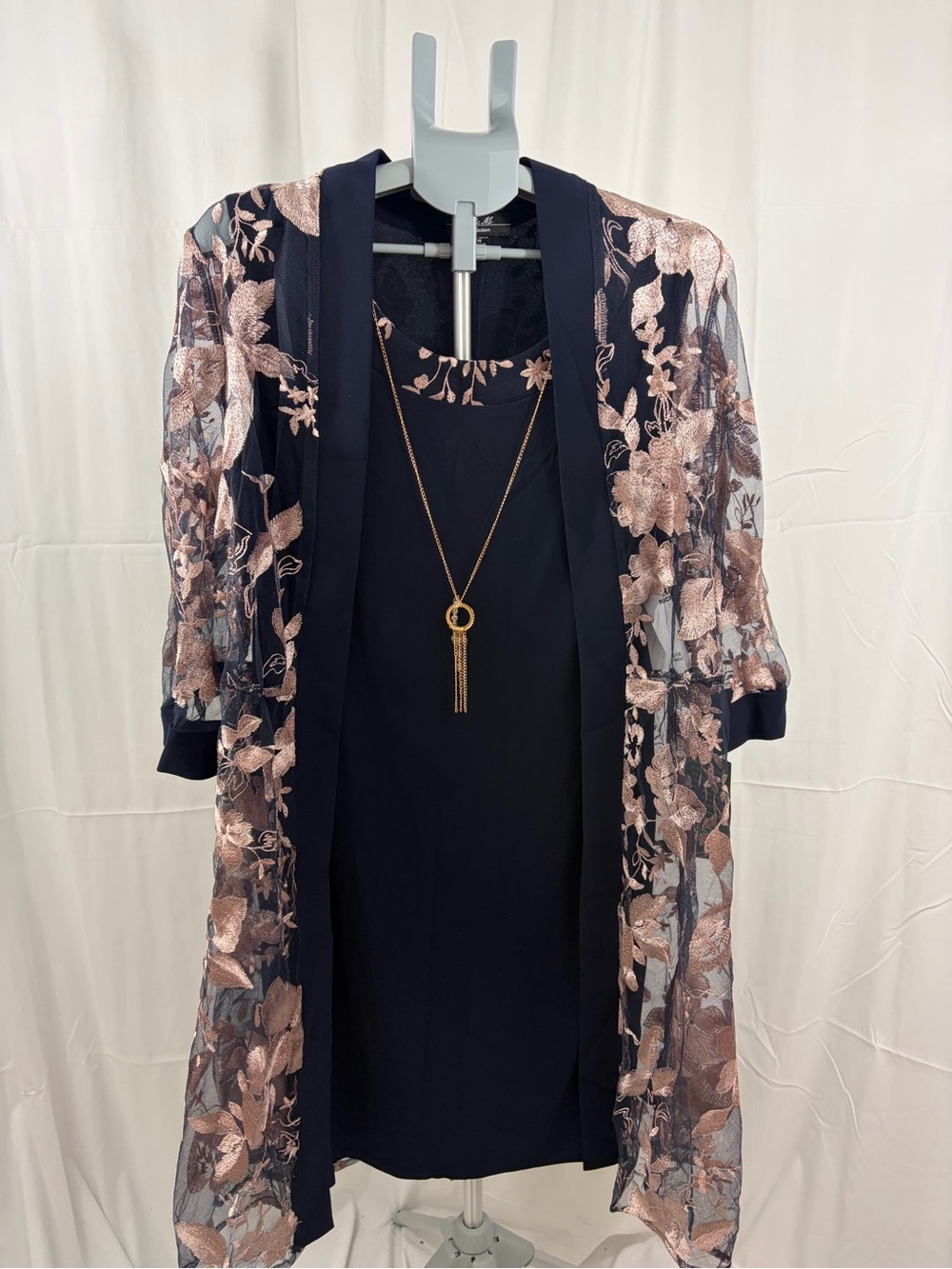 NWT R & M Collection Women's Size 18 Navy Dress with Mesh Jacket Set w/ Necklace